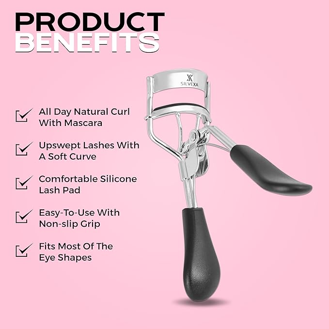 SILVEXA Eyelash Curler with Comfort Grip – Professional Stainless Steel Lash Curler with Soft Silicone Pads | No-Pinch, Long-Lasting Curl for All Eye Shapes | Ergonomic Handle Makeup Tool (Black)
