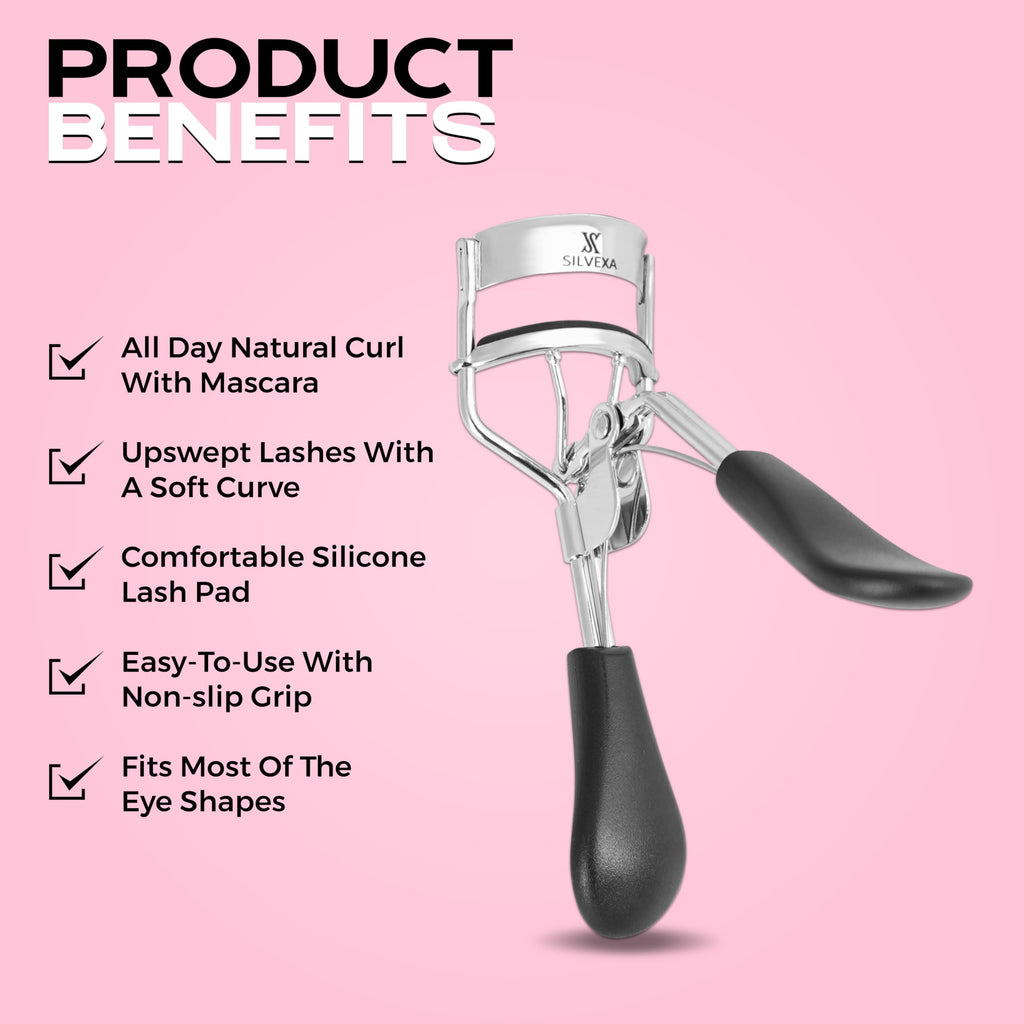 SILVEXA Eyelash Curler with Comfort Grip – Professional Stainless Steel Lash Curler with Soft Silicone Pads | No-Pinch, Long-Lasting Curl for All Eye Shapes | Ergonomic Handle Makeup Tool (Black)
