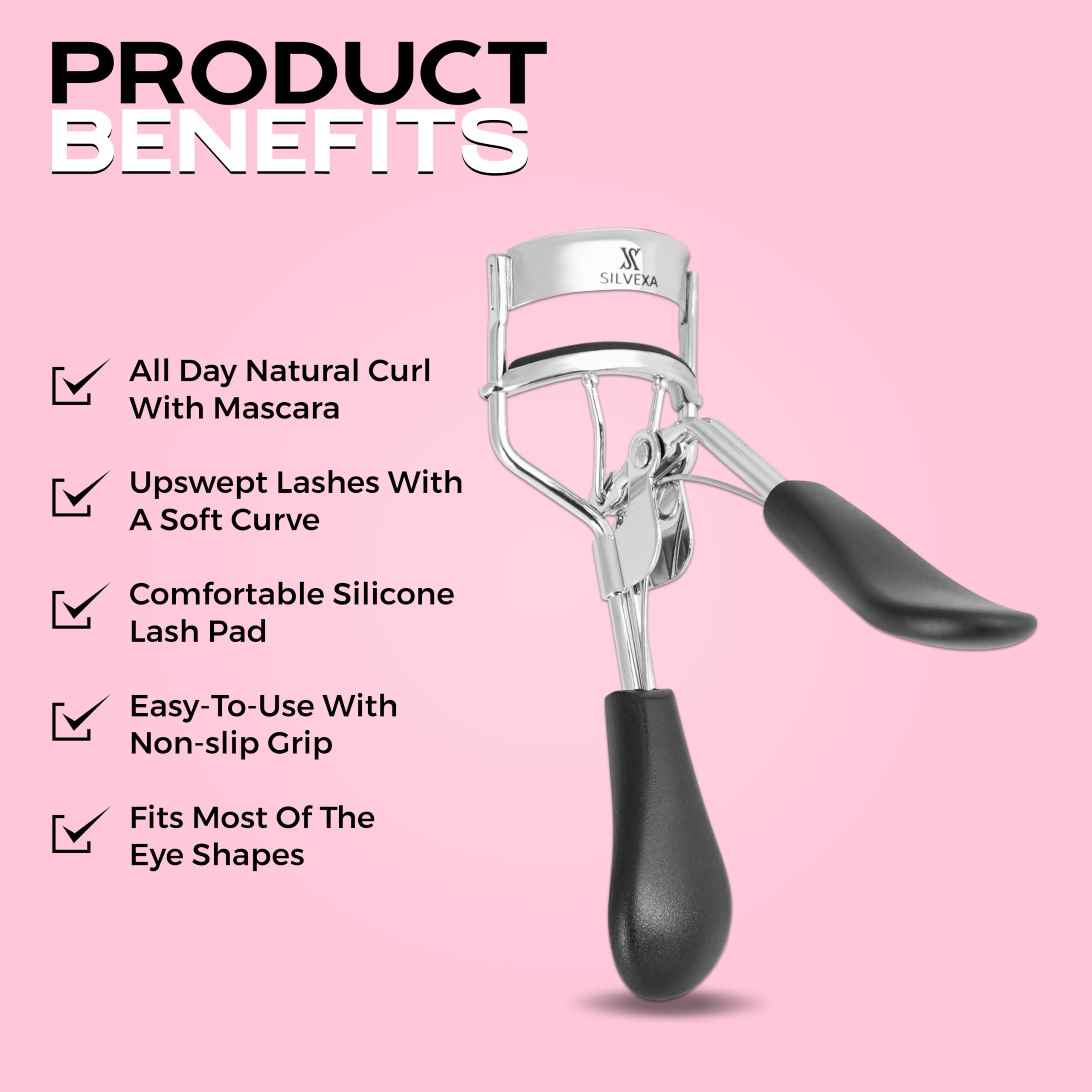 SILVEXA Eyelash Curler with Comfort Grip – Professional Stainless Steel Lash Curler with Soft Silicone Pads | No-Pinch, Long-Lasting Curl for All Eye Shapes | Ergonomic Handle Makeup Tool (Black)