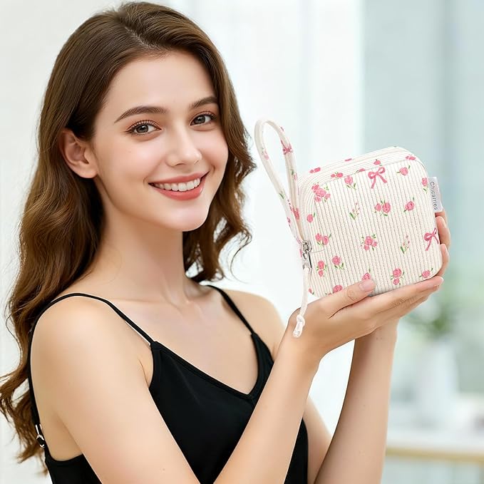 Chicarries Small Makeup Bag | Discreet Period Bag Pad Pouch for Purse| Sanitary Napkin Storage & Tampon Holder for Travel Wallets and Handbags(Flower bow beige)