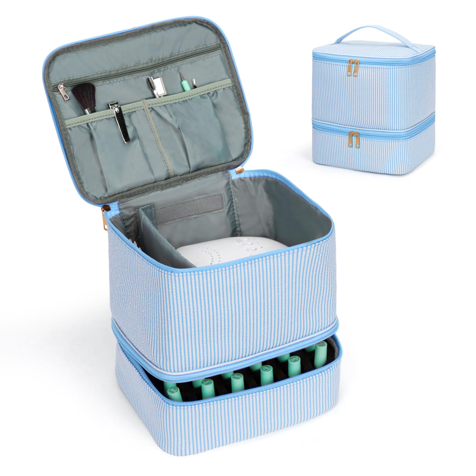 hibear Nail Supplies Organizer Nail Polish Storage Holds 30 BottlesNail Polish Storage Holds 30 Bottles Nail Kit Case Makeup Bag Vanity Case for Women (Striped blue)