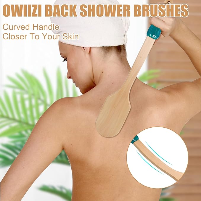 OWIIZI Long Handle Back Scrubber for Shower Wooden Curved Body Scrub Brush