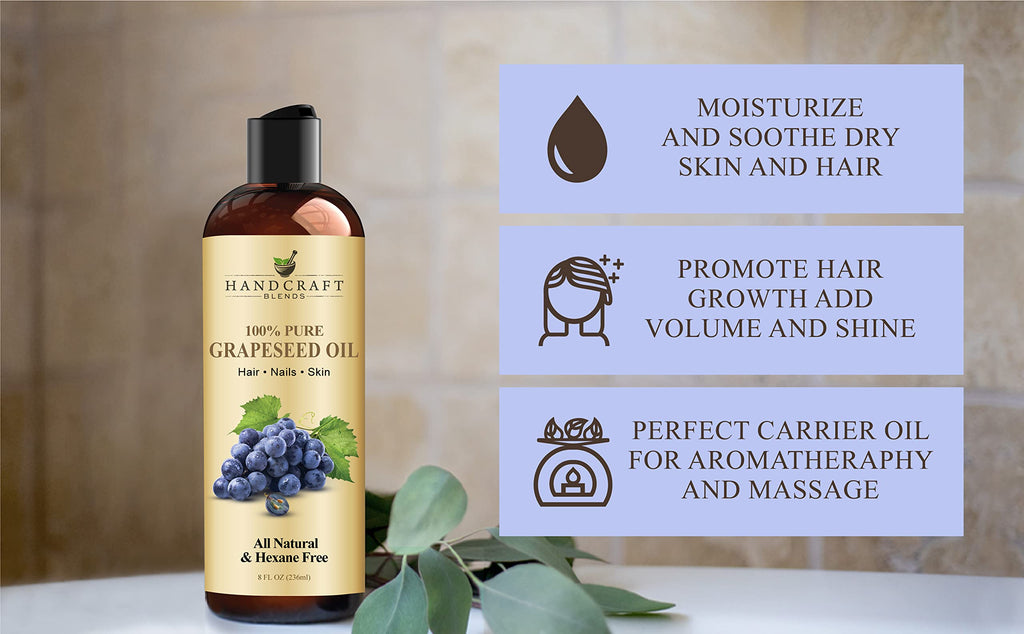 Handcraft Blends Grapeseed Oil | 100% Pure and Natural | Bath & Body Oil | Premium Grade Carrier Oil | Skin | Hair | Body | Massage | Cold-Pressed | Hexane-Free | 8 Fl Oz