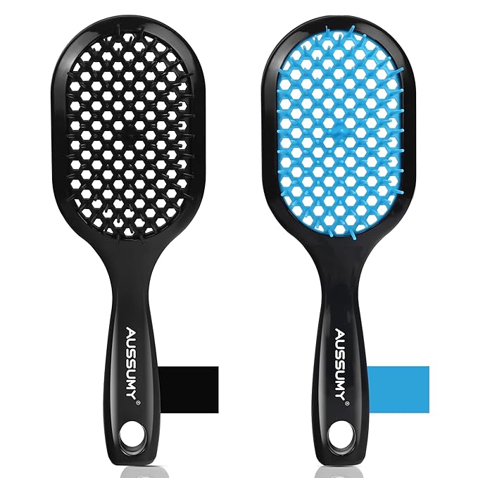 Aussumy Vented Detangling Hair Brush - 2 Pack Detangler Hairbrush for Effortless Tangle Removal - Ultra-Soft Bristles -For Natural Curly Straight Wet Dry Damaged Hair for Women Men Kids - Black & Blue