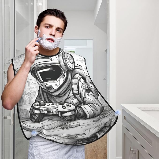 Monochrome Sketch Style Gaming Print Beard Bib Shaving Apron, Beard Hair Trimming Cape Gift For Dad