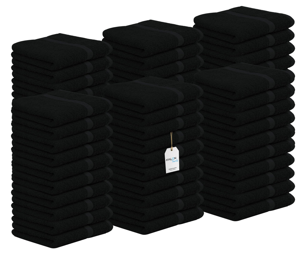 Avalon Towels Cotton Washcloths – (Pack of 60) Size 12x12 Inches, 100% Ring Spun Cotton, Soft & Absorbent Face Towels, Gym Towels, Hotel and Spa Quality, Reusable Fingertip Towels (Black)