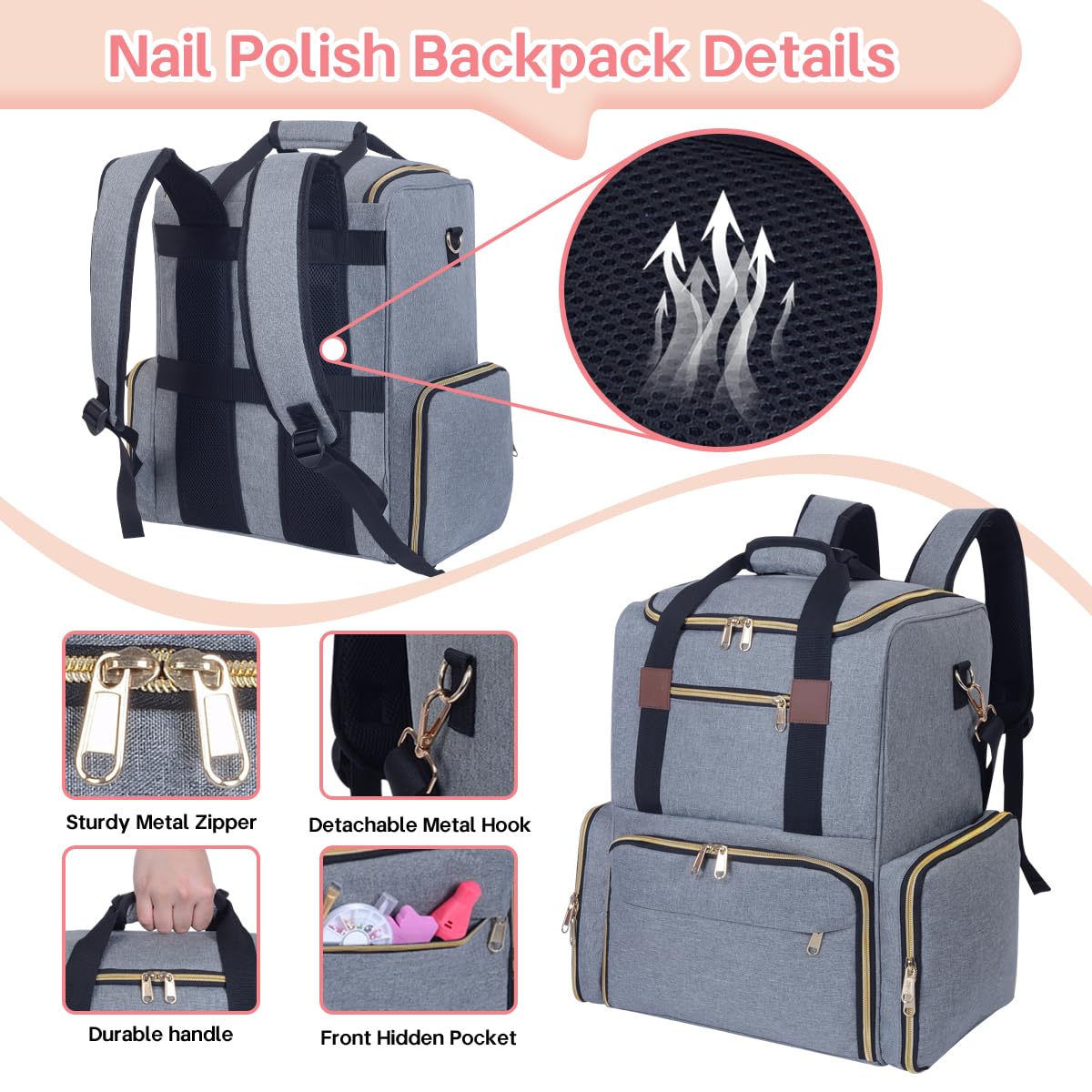 UOZL Nail Polish Organizer Holds 80 Bottles & Nail Art Lamp,Backpack Grey