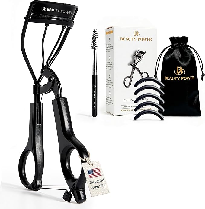 Beauty Power Eyelash Curler - Precision Lash Lift in Seconds with 5 Replacement Pads, Eyebrow Brush & Satin Travel Bag - Gentle & Safe, Stainless Steel for Perfect Extra Curls - Gift Idea (Extra Curl)