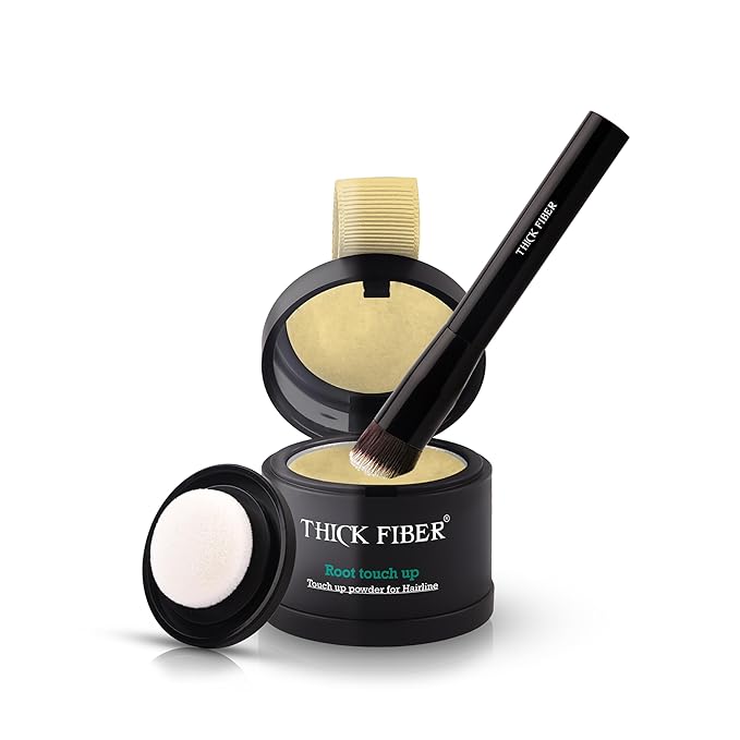 THICK FIBER Root Touch Up Concealer - Hairline Powder for Thinning Hair, Water & Sweat Resistant Hair Loss Cover Up Set with Brush (Light Blonde)