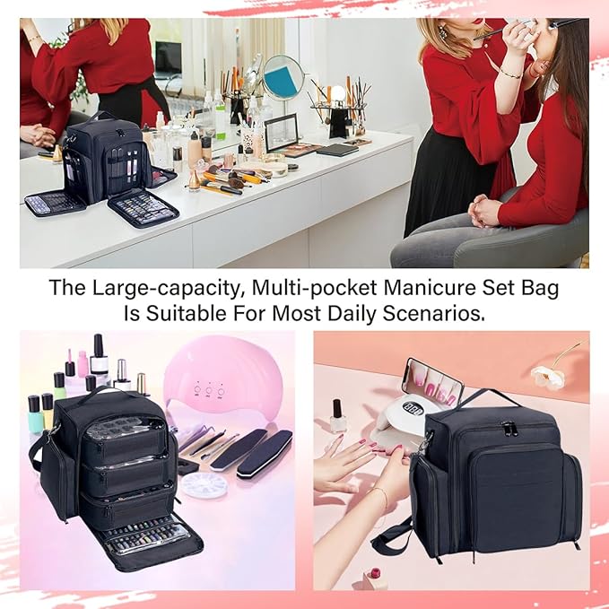 UOZL Nail Polish Organizer Case Hold 90 Bottles with 3 Detachable Bag,Black