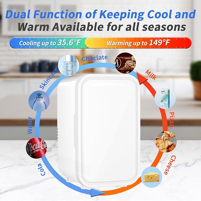 YASHE Mini Fridge, 6 Liter/8 Can 110V AC/DC Portable Thermoelectric Cooler Refrigerators for Bedroom, Personal Skin Care Fridge for Cosmetics, Drink, Milk, Office, Dorm Room and Car, White