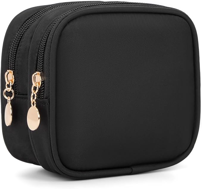 XIAOLER Small Makeup Pouch, Double Zipper Cosmetic Bag, Travel Makeup Bag, Cute Makeup Bag for Purse, Mini Toiletry Bag (Black)