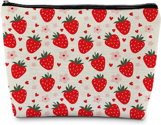 Supwhd Cut Red Strawberry Makeup Bag Portable Cosmetic Bag Zipper Pouch Toiletry Bag for Purse, Strawberry Stuff Gifts for Women Girls