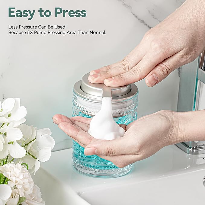 AZMOYAC Glass Foam Soap Dispenser, 8 Oz Face Wash Dispenser for Bathroom, Vintage Glass Clear Foaming Hand Soap Dispenser, Small Refillable Lotion Dish Dispenser for Kitchen, Matte Silver Pump