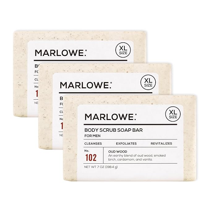 MARLOWE. Body Scrub Soap, Exfoliating Soap Bar, Oud Wood, 7 oz (3 Bars)