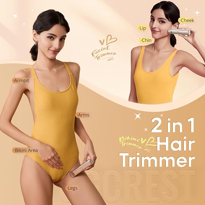 VG VOGCREST Bikini Trimmer for Women: 2-in-1 Rechargeable Painless Body Shaver - Portable Travel-Friendly Pubic Grooming Kit for Underarm Leg Arm