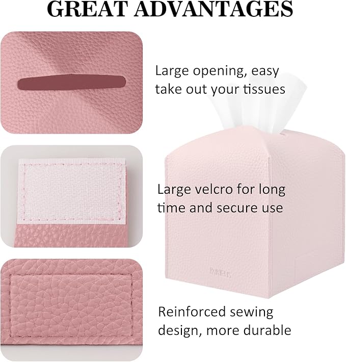 Tissue Box Cover Holder Square Tissue Cube Cover PU Leather Tissue Organizer with Bottom Belt for Bathroom, Tabletop, Car, Night Stands, Office, Home, Kitchen (1, PrettyPink)
