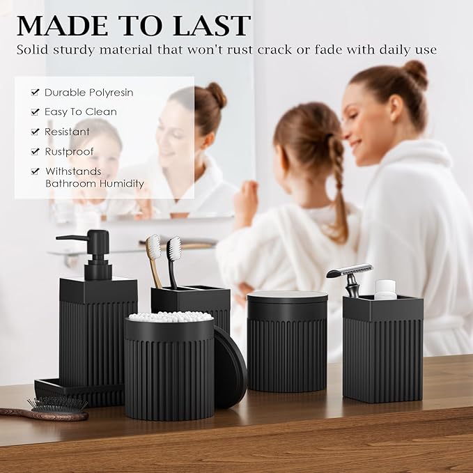 InnJoey 6-Piece Black Bathroom Set - Sleek Resin Organizer with Soap Dispenser, Toothbrush Holder, Vanity Tray, Tumbler & Apothecary Jars for Small Spaces