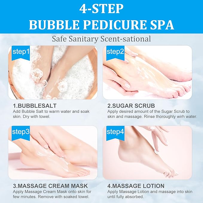 nbc BeautiLab Pedicure Kit Foot Soak Set: Bubble Salt, Sugar Scrub, Massage Mask, Massage Lotion in a Box, 4 Step Foot Spa Kit for Dry Feet, Softens Calluses(1 Set Pacific Waves)
