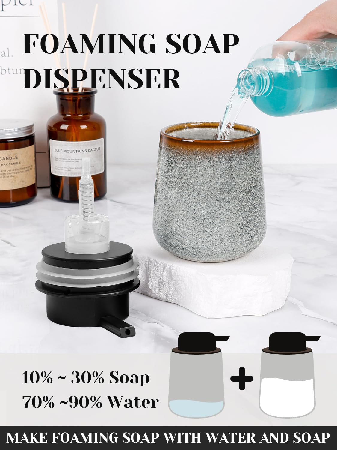 INGOFIN Ceramic Foaming Soap Dispenser -12oz Foam Hand Soap Dispenser Bathroom, Modern Refillable Dish Wash Soap Bottle for Kitchen with Large Pump,Kiln-Glazed Grey White