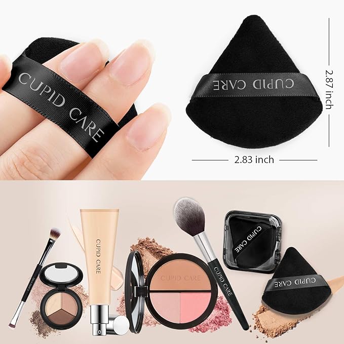 CUPID CARE 6 Pcs Triangle Powder Puff with 2 Travel Cases, Setting Powder Puffs for Face Powder and Foundation, Velour Makeup Puff for Loose Powder Body Powder, Skin-Friendly, Beauty Makeup Tools