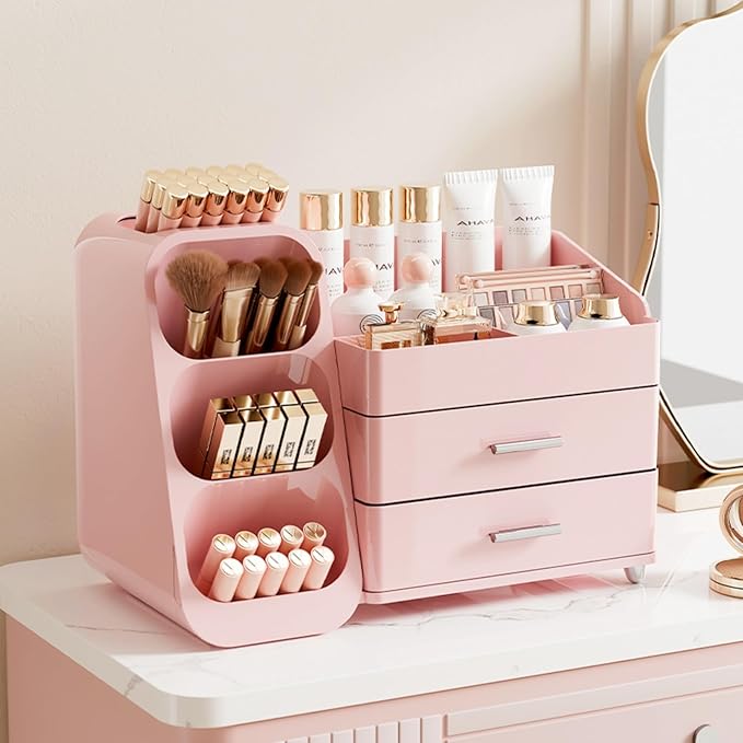 Booklov Large Makeup Organizer for Vanity Countertop, Pink