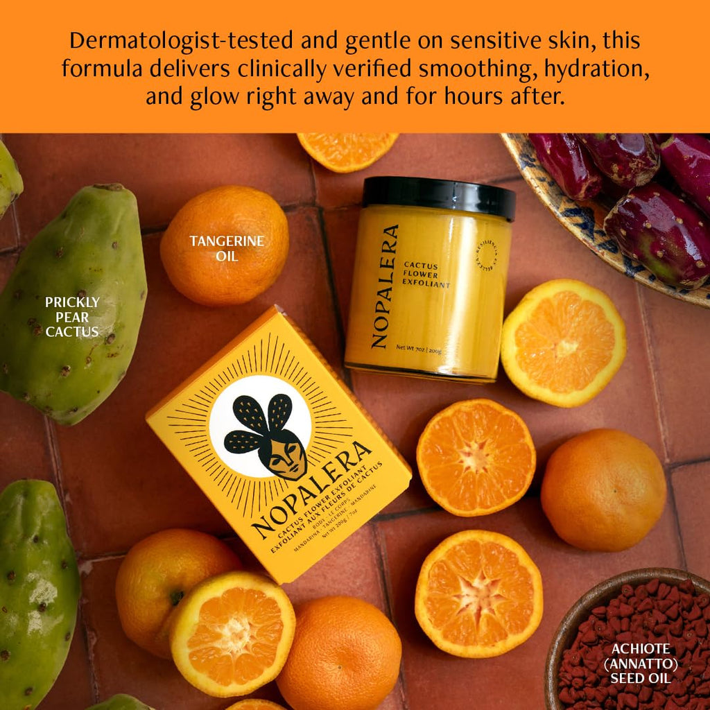 Nopalera Mandarina Cactus Flower Exfoliant - Face & Body Scrub, 3-in-1 Cleanser, & Moisturizer, Vegan, Cruelty-Free, Natural Citrus Scent, Dye Free, 6 oz.