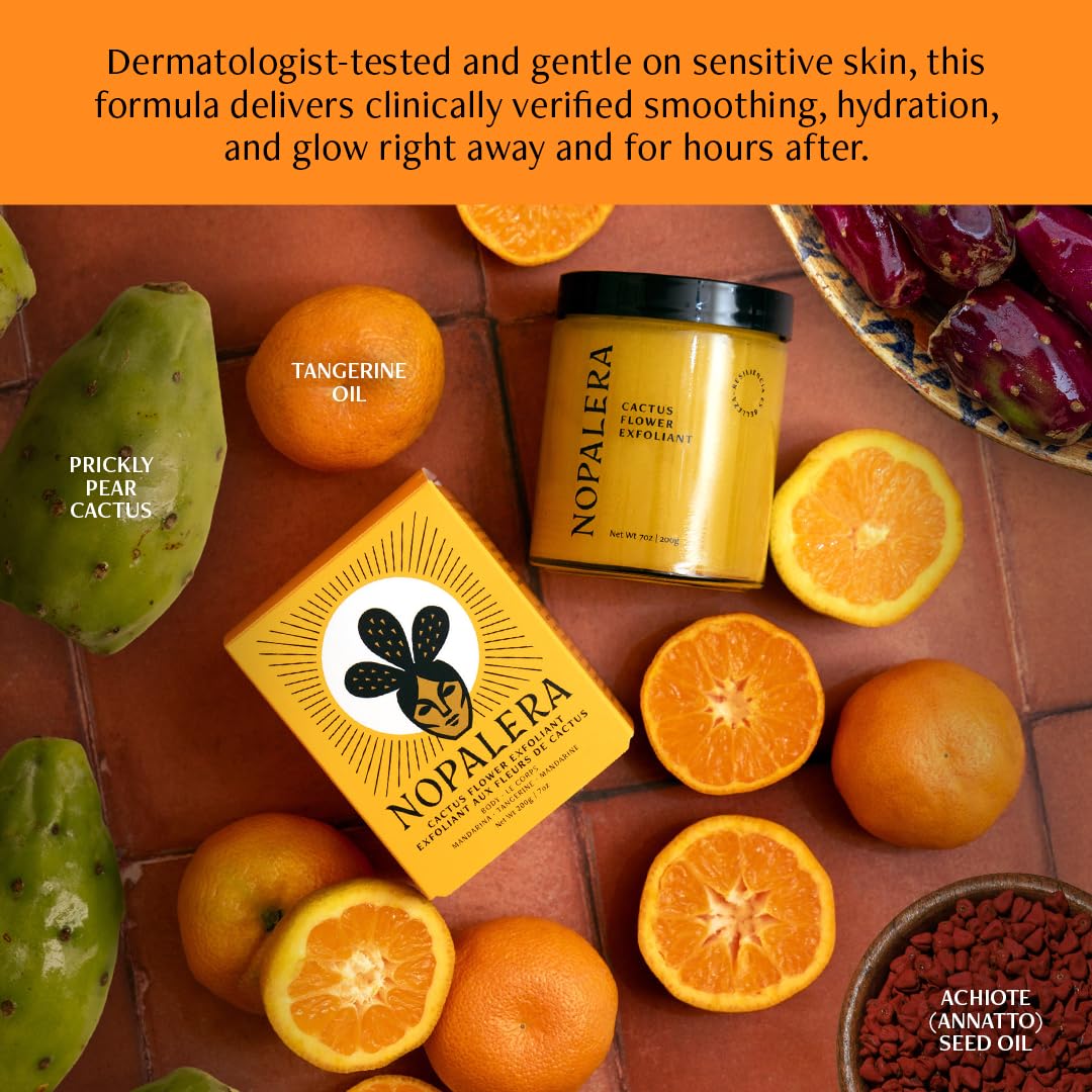 Nopalera Mandarina Cactus Flower Exfoliant - Face & Body Scrub, 3-in-1 Cleanser, & Moisturizer, Vegan, Cruelty-Free, Natural Citrus Scent, Dye Free, 6 oz.