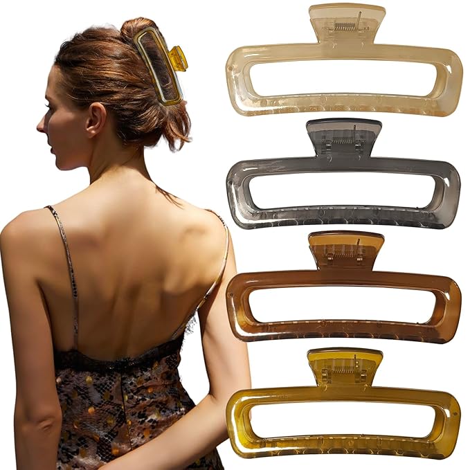 Nalodu 5 Inch Large Hair Claw Clips, No Slip Glossy Jelly Square XL Clips for Thick Long Curly Hair, Women's Big Rectangle Strong Clips, 4 Pack
