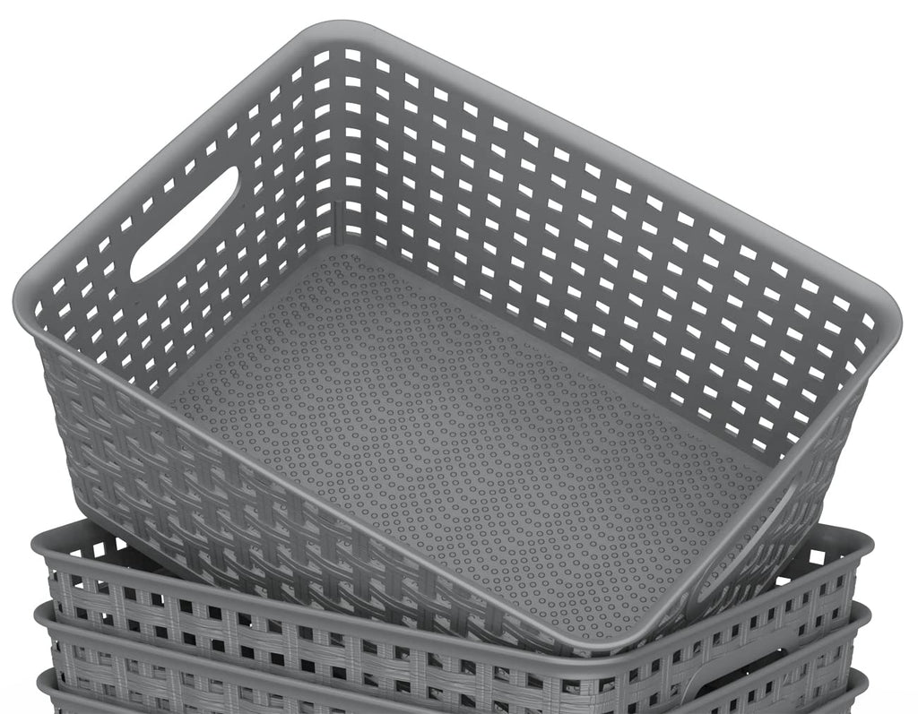 WYT Weave Storage Organizer Baskets, Grey 6-Pack Plastic Woven Baskets, 10.1" x 7.55" x 4.1"