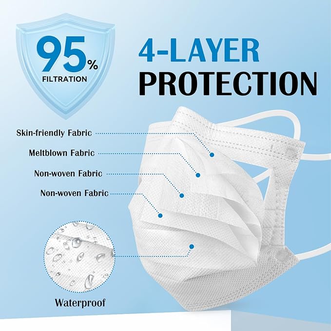 Disposable Face Mask For Adults - Travel Essentials, 100 Pack Individually Wrapped, 4 Ply Protection,Safety Masks Disposable