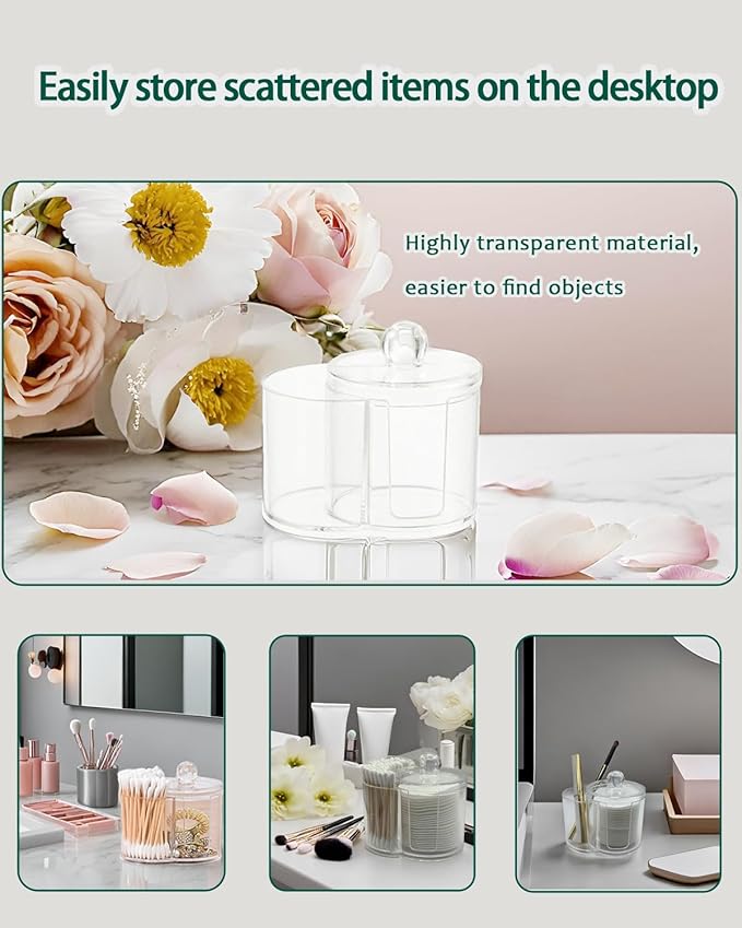 AkoSlale 2-in-1 Cotton Swab and Cotton Round Holder with Lid - Clear Plastic Dual Compartment Bathroom Vanity Organizer, Shatterproof Countertop Container for Makeup Pads & Skincare Storage
