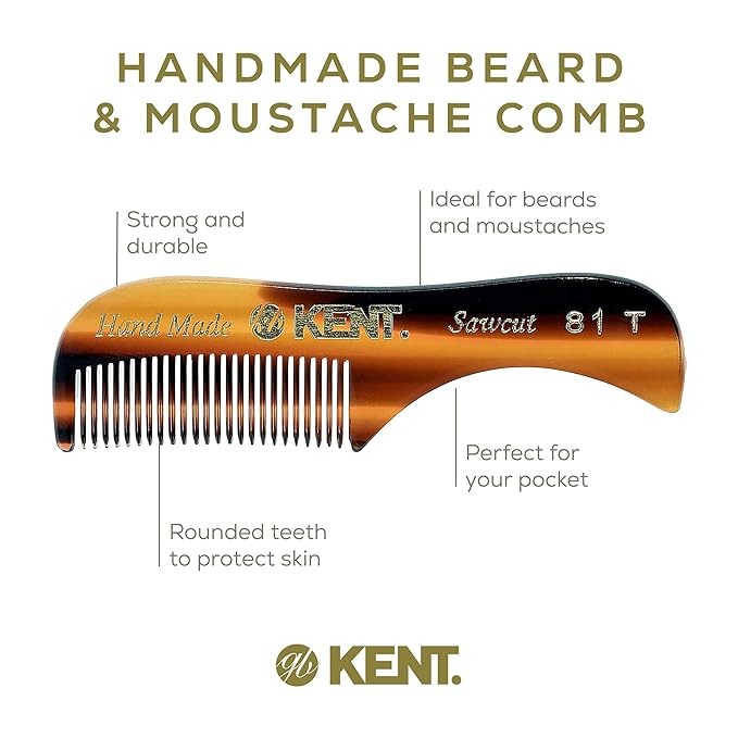 Kent A 81T X-Small Gentleman's Beard and Mustache Pocket Comb, Fine Toothed Pocket Size for Facial Hair Grooming and Styling. Saw-cut of Quality Cellulose Acetate, Hand Polished. Hand-Made in England