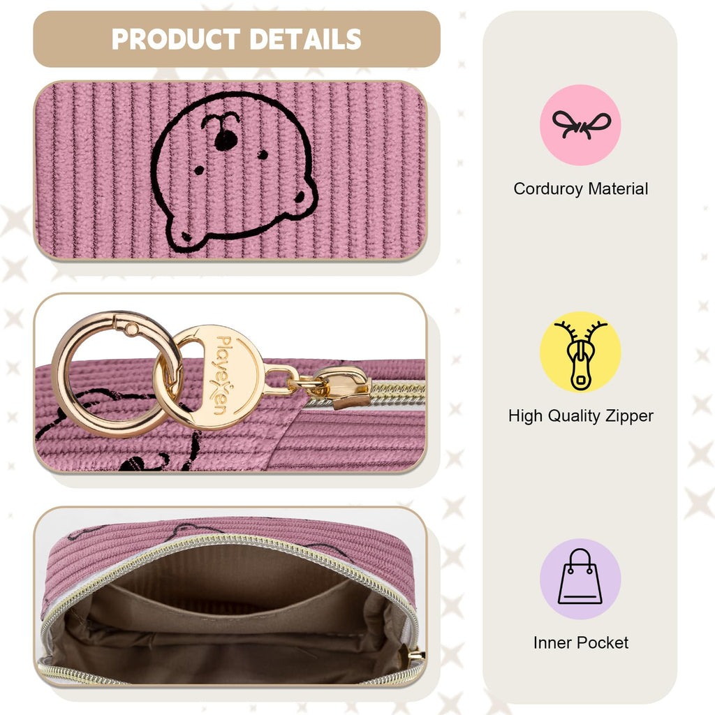 Playexen Period Bag for Teen Girls, Corduroy Sanitary Napkin Storage Bag, Menstrual Pad Pouches Tampon Holder for Purse (Bears-Pink)