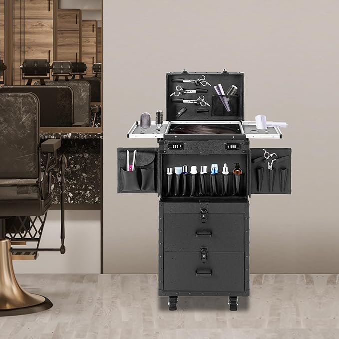 QUEWATSA Rolling Makeup Case Large Storage Cosmetic Trolley, Rolling Lockable Makeup Train Case, Stylist Beauty Salon Cosmetic Luggage Travel Organizer Tool Box with Hair Dryer Holder (Black)