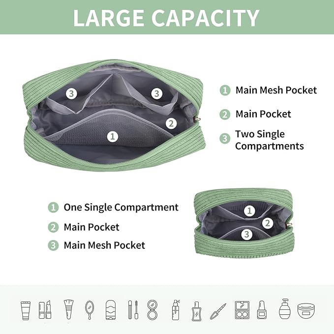 MAGEFY Makeup Bag for Purse, 2 Pcs Corduroy Cosmetic Bag for Girls Women Small Travel Makeup Pouch with Zipper(Green)