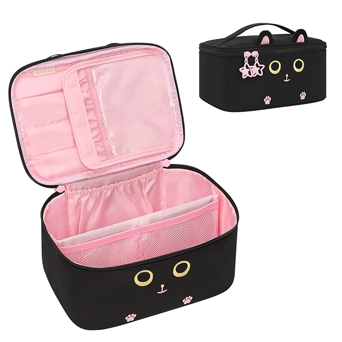 Makeup Bag with Multi-Pockets,Travel Cosmetic Bag with 2 Transparent Side Pockets for Easy Small Item Finding, Enlarged Internal Compartments, Large Capacity Waterproof Bottom Makeup Organizer -Floral