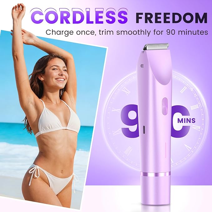 Bikini Trimmer for Women, Painless Electric Razor for Women with Dual Head, IPX7 Waterproof Pubic Body Hair Trimmer Electric Shaver for Legs/Arm/Underarm (Purple)