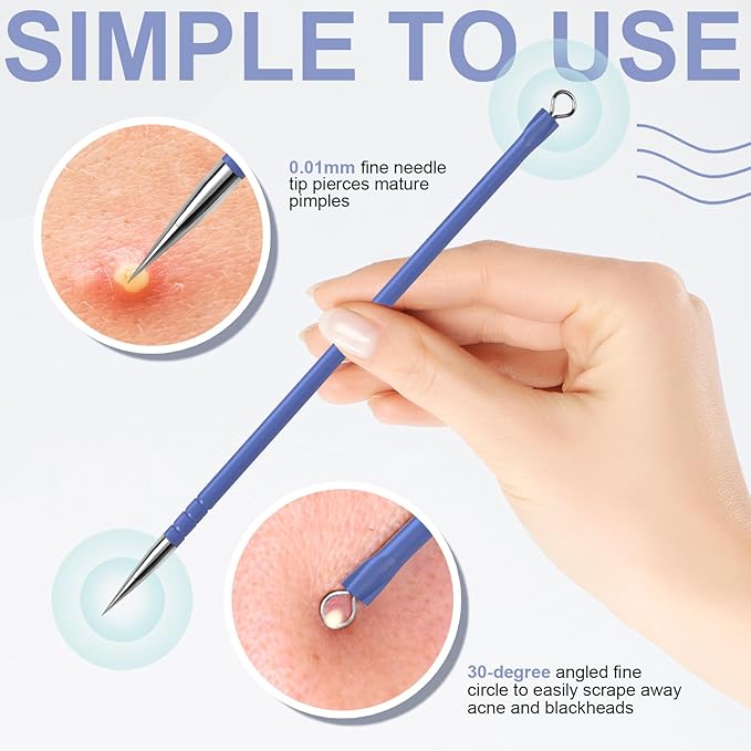 Teenitor Pimple Extractor Acne Treatment Surgical Grade Blackhead Comedone Removal 2-in-1 Popper Tool (Blue)