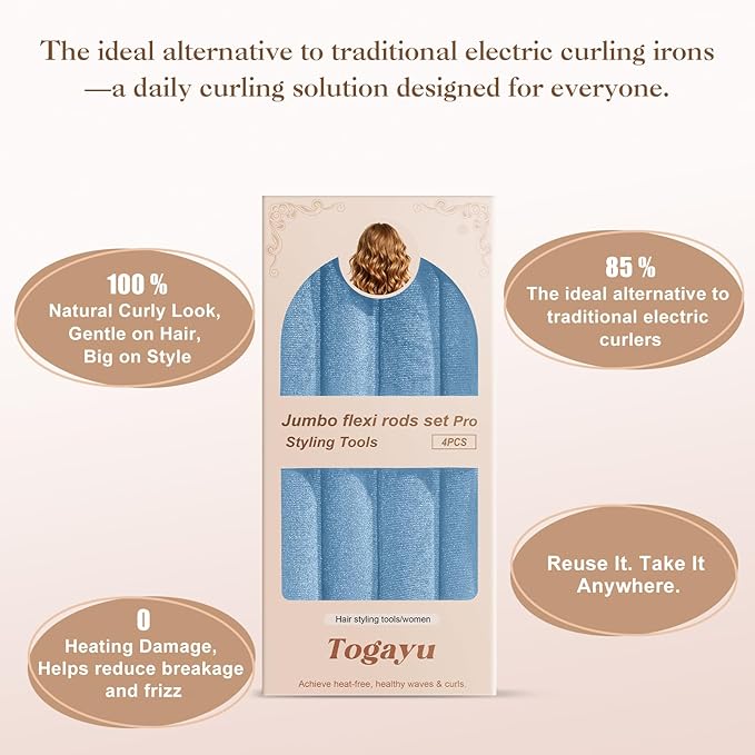 Togayu Heatless Curls Overnight Set - 4PCS Jumbo Velvet Hair Rollers to Sleep In, No-Damage Flexi Rods for Beautiful, Effortless Curls and Waves for Women
