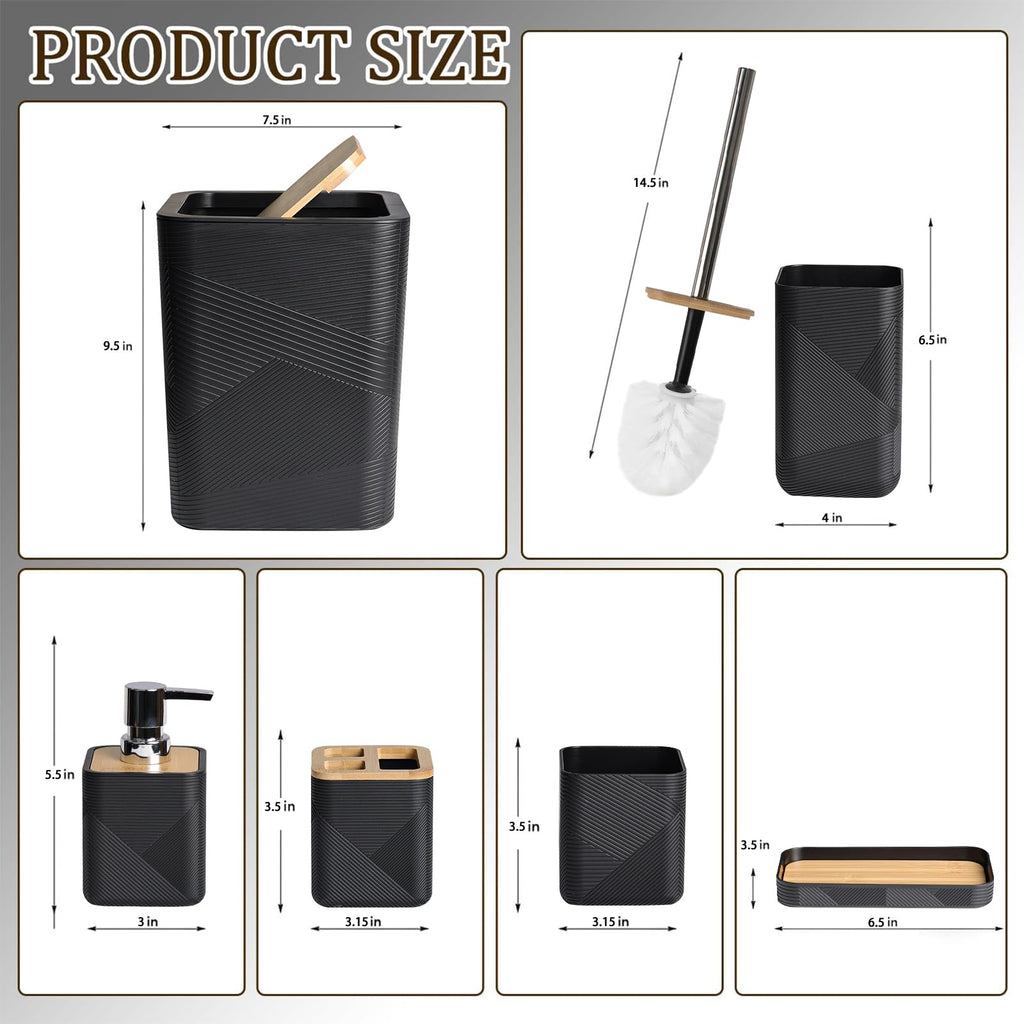 CERBIOR Bathroom Accessories Set 6 Piece Bamboo Bath Ensemble Includes Soap Dispenser, Toothbrush Holder, Toothbrush Cup, Soap Dish for Decorative Countertop and Housewarming Gift (Black)