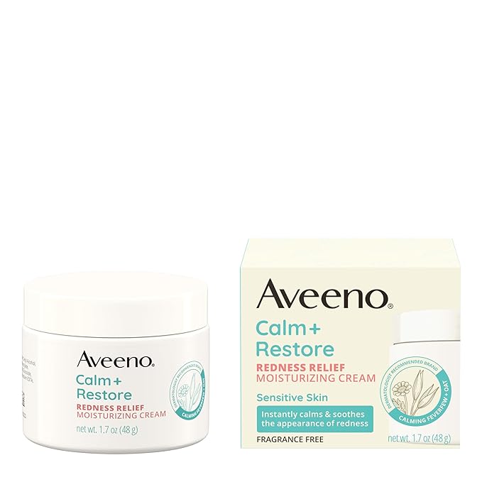 Aveeno Calm + Restore Redness Relief Moisturizing Face Cream, Non-Comedogenic Facial Moisturizer with Ceramide & Vitamin B5, Hydrating for Dry, Sensitive Skin, Hypoallergenic, Fragrance-Free, 1.7 Oz