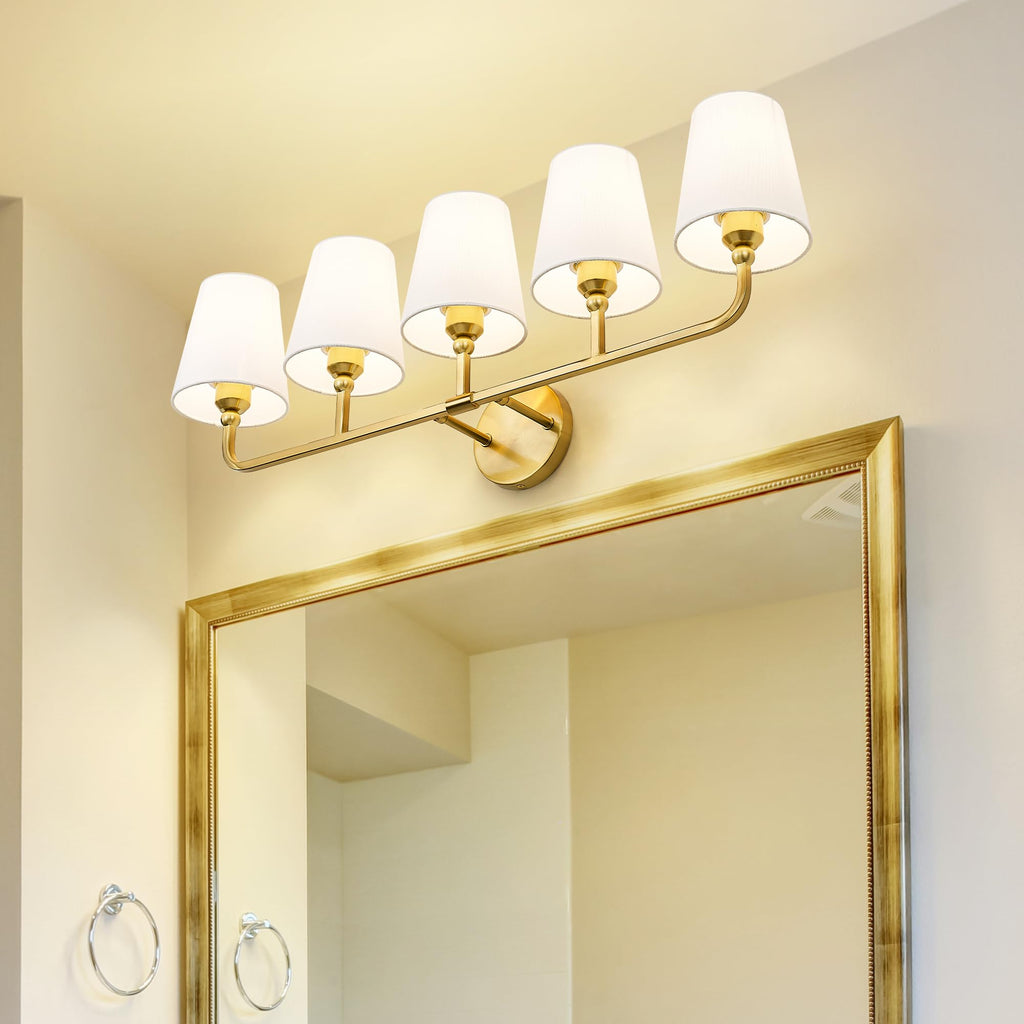 METWET 5-Light Brushed Gold Bathroom Vanity Light, White Fabric Shades