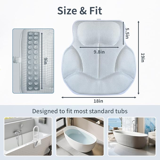 Wnfou Thickened Anti-Slip Bath Pillow for Tub, 88 Powerful Suction Cups, 5D Mesh Fabric, Ergonomic Head Neck Back Support, Quick Drying and Machine Washable, Luxury Spa Gift for Women