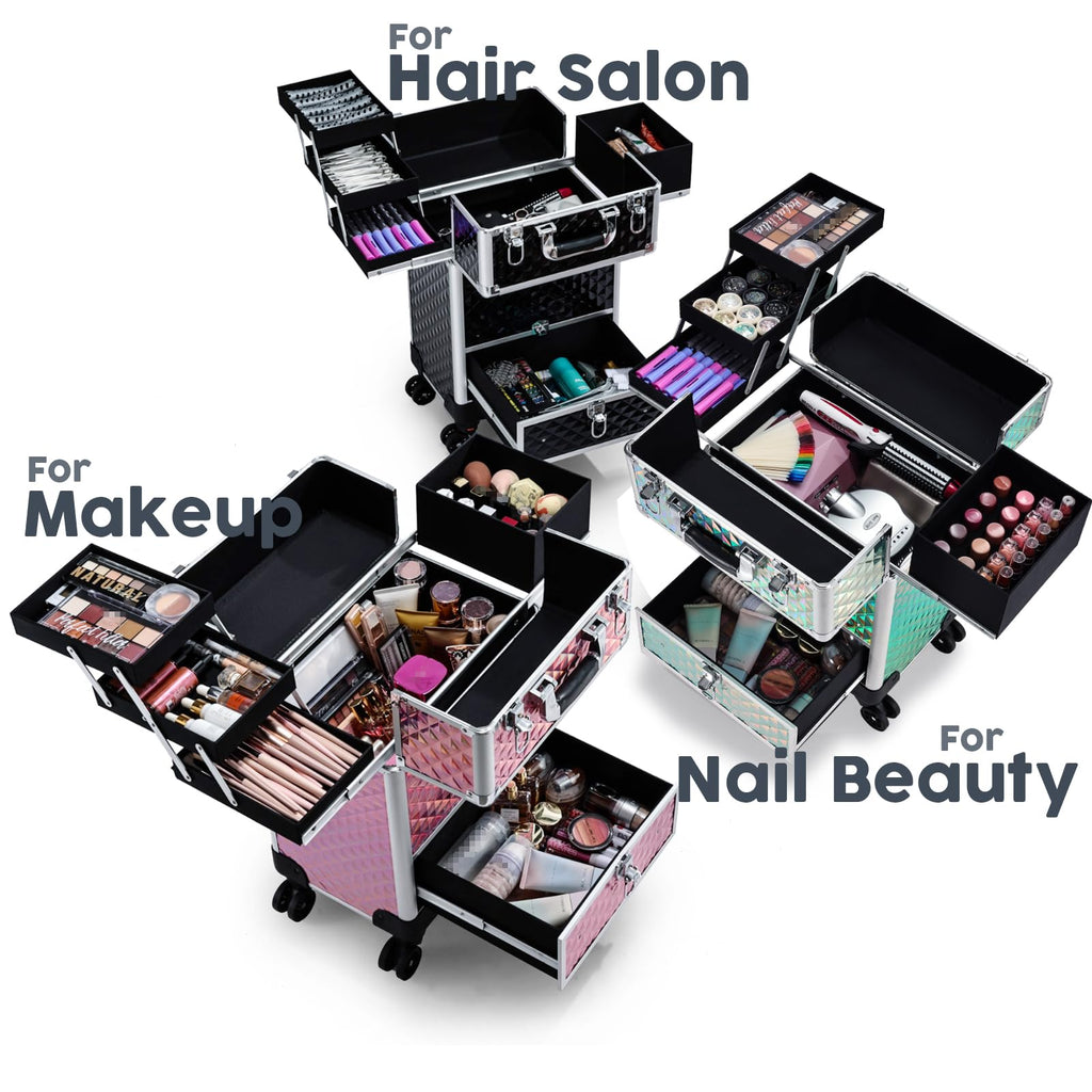 Hododou Blue Rolling Makeup Case with Drawer Travel Trolley Cosmetology Case on Wheel Makeup Storage Salon Barber Case Traveling Cart Trunk for Cosmetologist Nail Tech Hairstylist