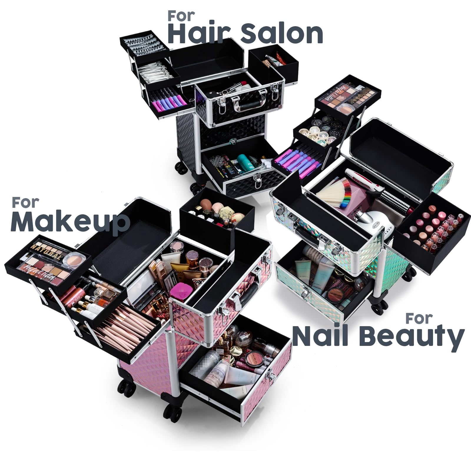 Hododou Blue Rolling Makeup Case with Drawer Travel Trolley Cosmetology Case on Wheel Makeup Storage Salon Barber Case Traveling Cart Trunk for Cosmetologist Nail Tech Hairstylist