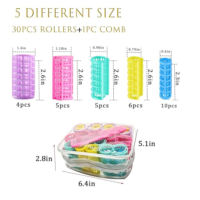 30Pcs Plastic Hair Curlers Set, Snap on Rollers Self Grip Heatless Rollers Hairdressing Curlers No Heat Curlers for Long Medium Short Thin Fine Hair with Mini Comb (5 Sizes) ﻿