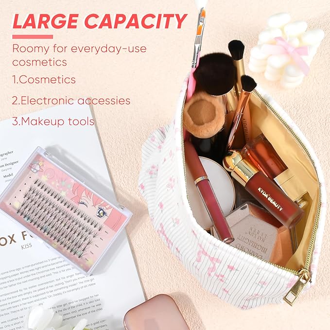 Ksriylm Cute Makeup Pouch for Women Flower Small Make Up Bag for Purse Zipper Initial Cosmetic Bags Pouches for Purse Aesthetic Travel Toiletrybags,Pink Bow Rose Floral