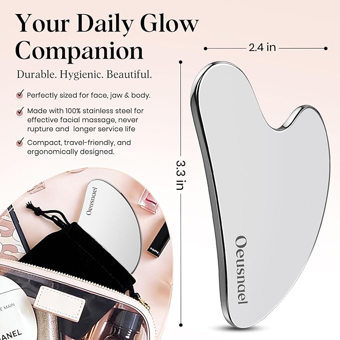 Oeusnael Stainless Steel Gua Sha Facial Tools, Lymphatic Drainage Massager for Face, Face Sculpting & Jawline Shaper, Puffiness Reducing, Neck Body Guasha Tool, Skin Care Gift for Women Men with Pouch