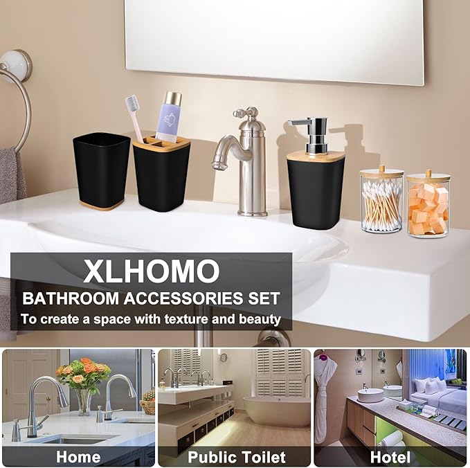 Bathroom Set Black Bathroom Trash Can, 9 Piece Bathroom Decor Toothbrush Holder, Cup, Lotion Dispenser, Tray, Soap Dish, Toilet Brush, Qtip Holder